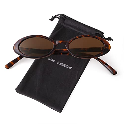 VIA LEECA Retro 90s Oval Sunglasses Women Trendy Small Fashion Tinted Narrow Sun Glasses UV400 Protection for Driving Party Gift Brown Tortoise Aesthetic Accessories