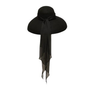 utopiat high-end audrey style oversized adjustable black wool hat with 100% silk black scarf inspired by breakfast at tiffanys | premium elegant wide brim summer hat