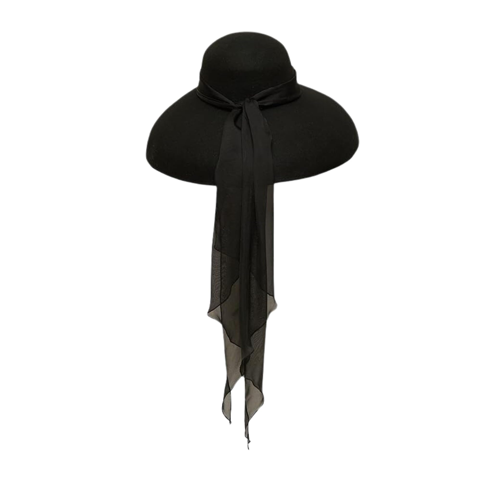 Utopiat High-End Audrey Style Oversized Adjustable Black Wool Hat with 100% Silk Black Scarf Inspired by Breakfast at Tiffanys | Premium Elegant Wide Brim Summer Hat