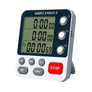 mostrust digital dual kitchen timer, 3 channels count up/down timer, cooking timer, large display triple timer, loud volume alarm and flashing light with magnetic back, stand, battery included (m318)