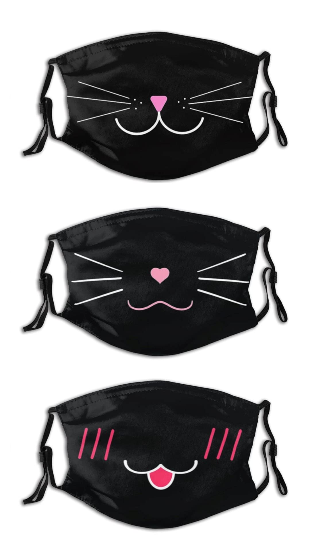 LVGOOKI 3 Pcs Cute Cat Face Mask Mouth Mask With 6 Filter Pocket Reusable Washable Adjustable Mask For Adults