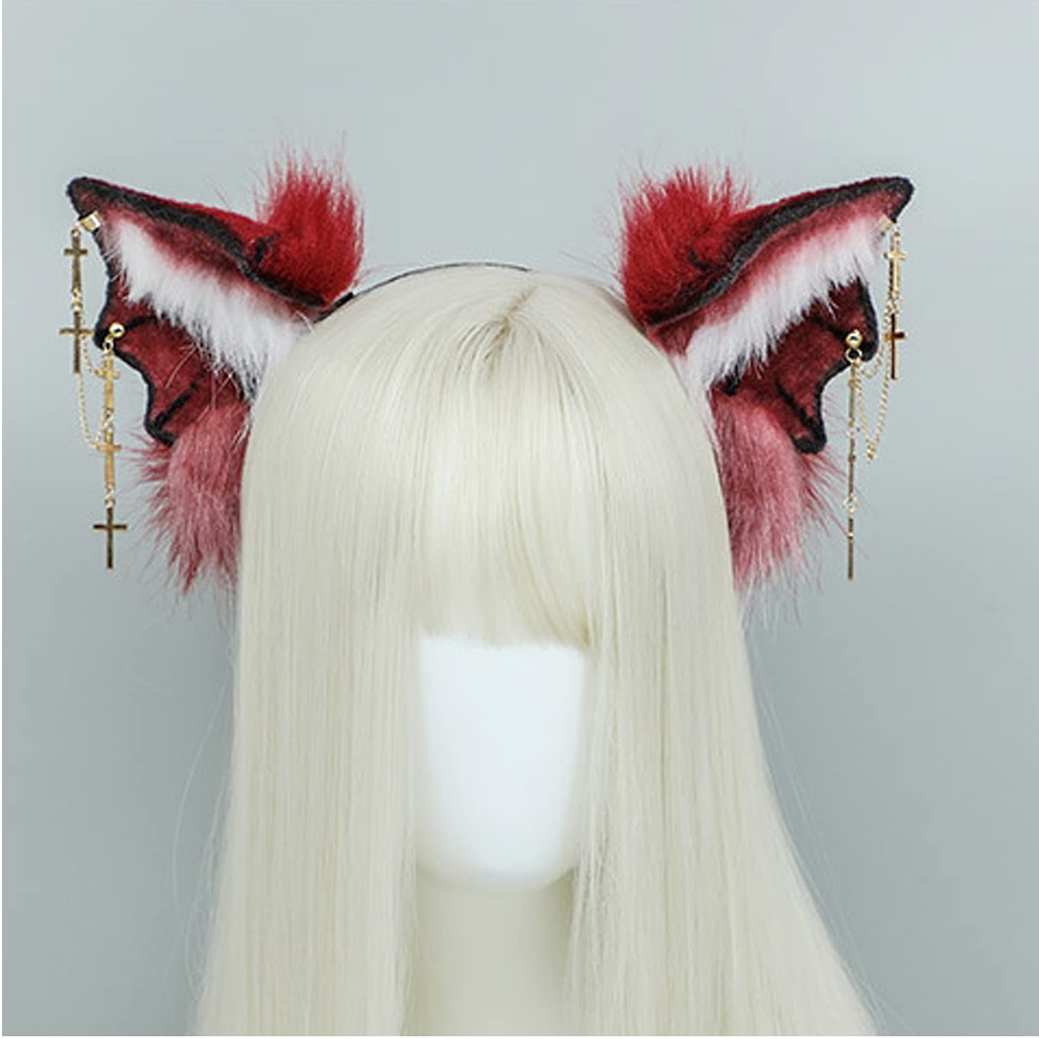 Faylay Bat Ear Women Faux Fur Headband Cosplay Headwear Halloween Accessory (Wine Red)