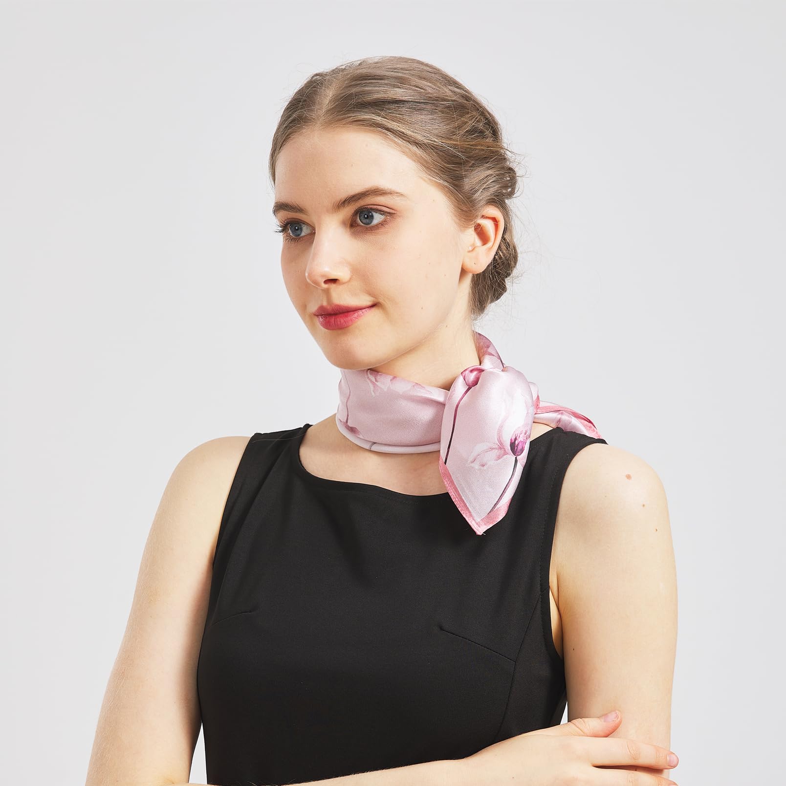 Aufeel 100% Real Mulberry Silk Women Small Square Neck Scarfs 21" Lightweight Headscarf Printed Neckerchief Gift Packed(Pink)