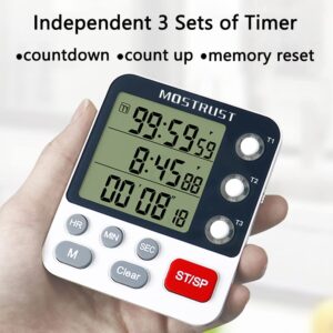 MOSTRUST Digital Dual Kitchen Timer, 3 Channels Count UP/Down Timer, Cooking Timer, Large Display Triple Timer, Loud Volume Alarm and Flashing Light with Magnetic Back, Stand, Battery Included (M318)