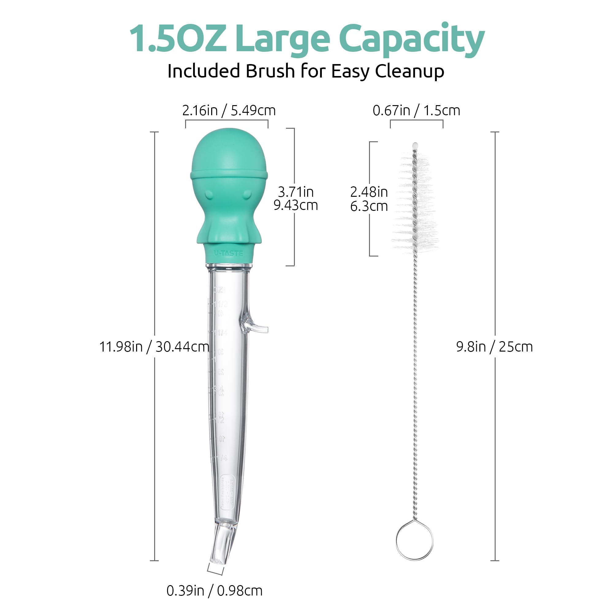 U-Taste 1.5oz Angled Turkey Baster - 228.2℉ Heat Resistant Food Grade Tritan and Silicone Large Octopus Bulb Baster Set with Cleaning Brush for Cooking Basting Meat Poultry Beef Chicken (Aqua Sky)