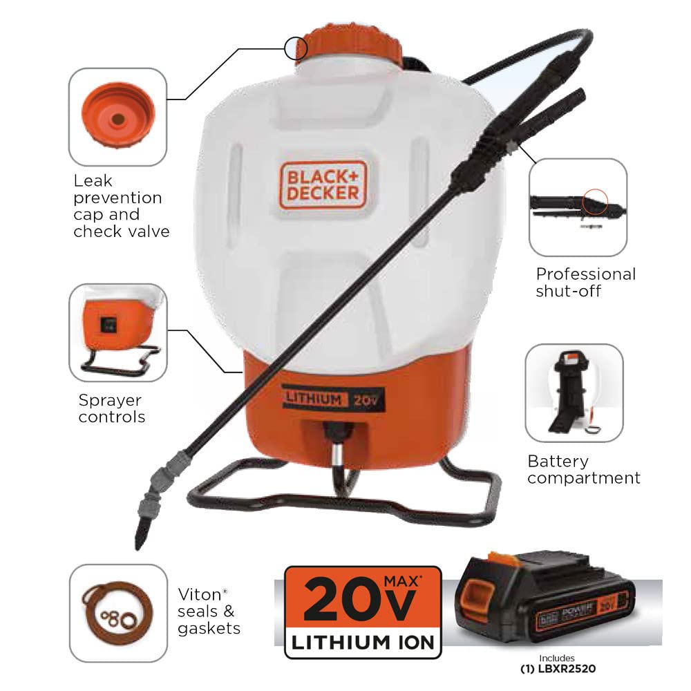 Black & Decker 190657 20V MAX 4 gal. Lithium-ion Cordless Backpack Sprayer Kit with (1) 20V Battery and (1) Charger