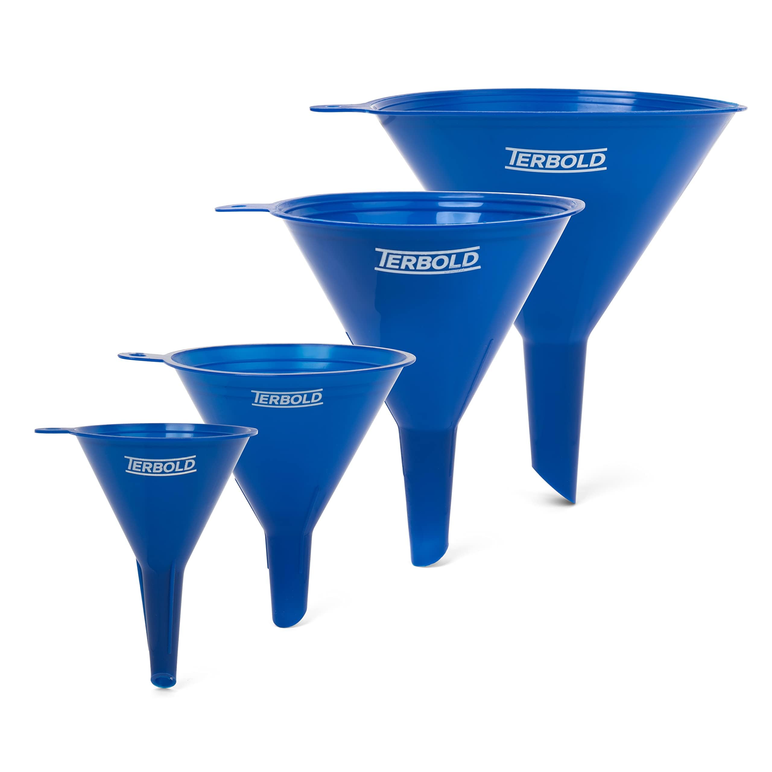 Terbold 4pc Funnel Nesting Set in BPA Free Plastic for Kitchen Cooking, Car Oil, Home, or Lab Use (Blue)