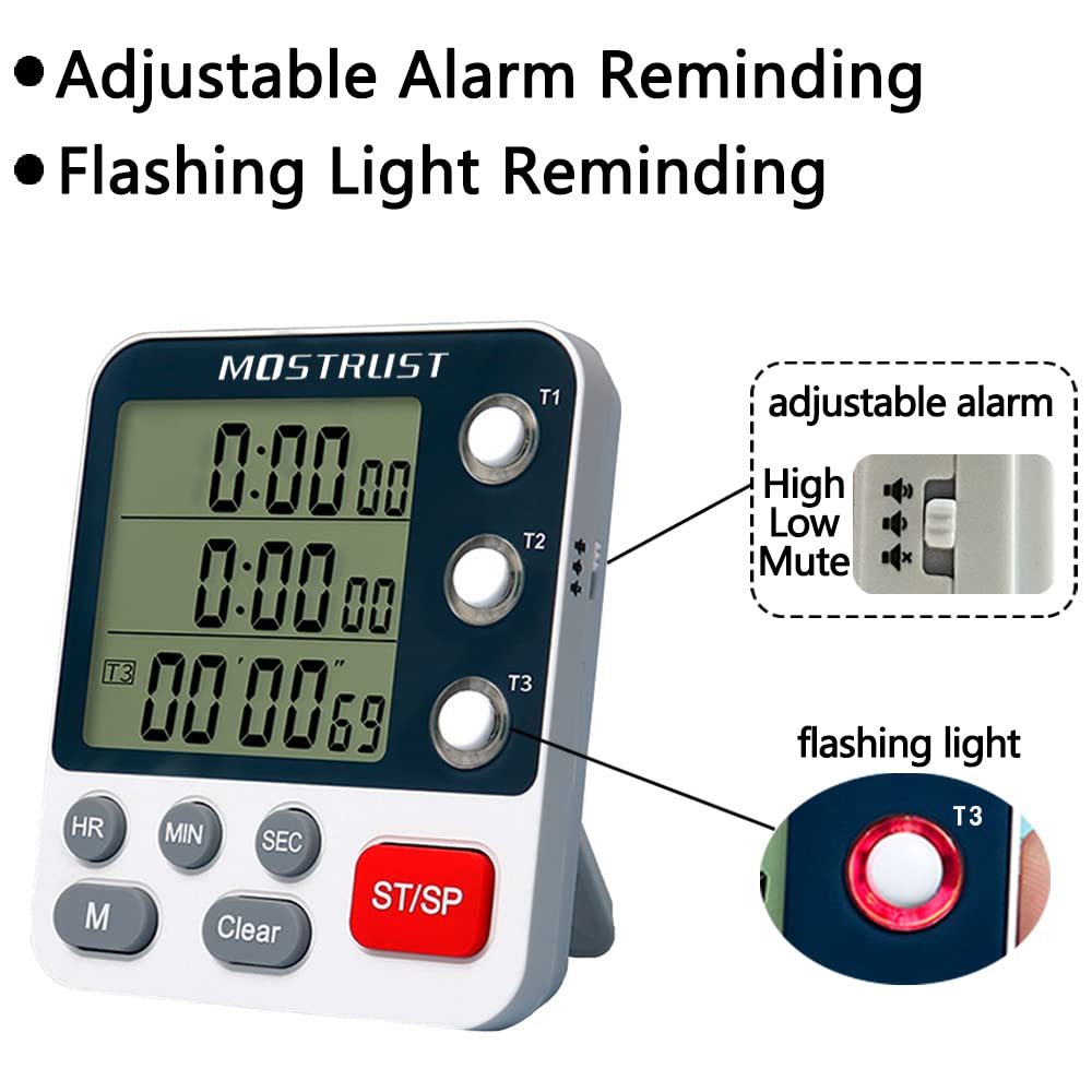 MOSTRUST Digital Dual Kitchen Timer, 3 Channels Count UP/Down Timer, Cooking Timer, Large Display Triple Timer, Loud Volume Alarm and Flashing Light with Magnetic Back, Stand, Battery Included (M318)