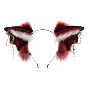 faylay bat ear women faux fur headband cosplay headwear halloween accessory (wine red)