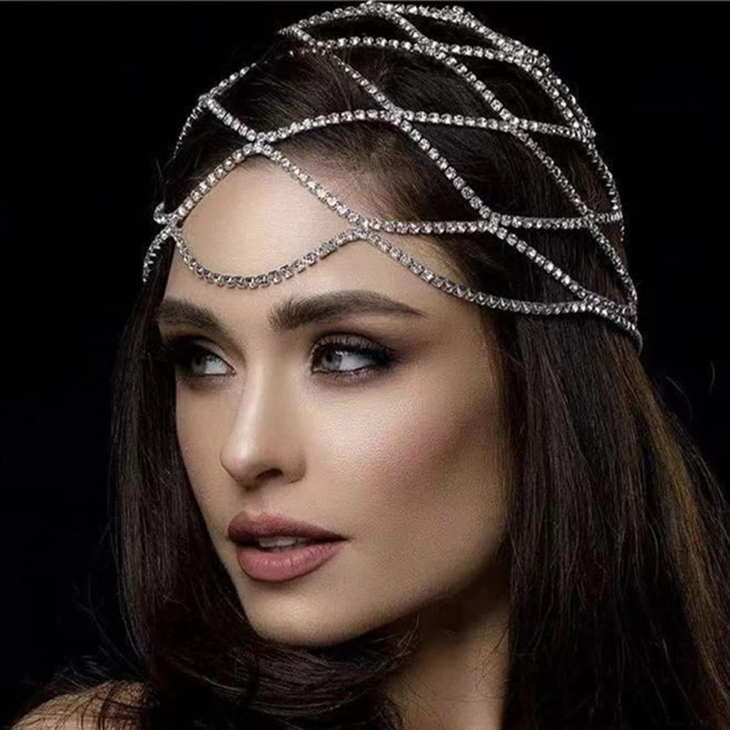 Fdesigner Crytsal Head Chain Silver Cap Headpieces Party Rhinestone Flapper Hairpieces Jewelry Gatsby Belly Dance Cleopatra Hair Accessories for Women