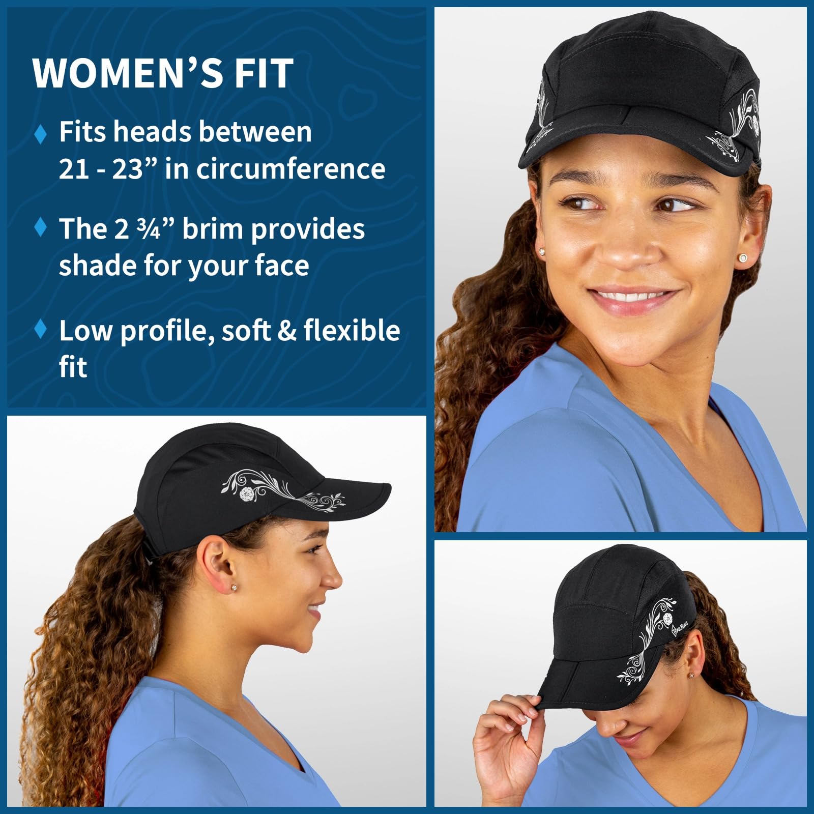 TrailHeads Folding Bill Running Hat for Women | Summer Cap with UV Protection (Black Print)