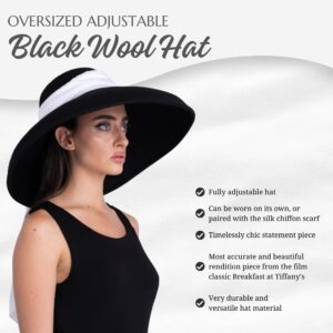 Utopiat High-End Audrey Style Oversized Adjustable Black Wool Hat with 100% Silk Black Scarf Inspired by Breakfast at Tiffanys | Premium Elegant Wide Brim Summer Hat