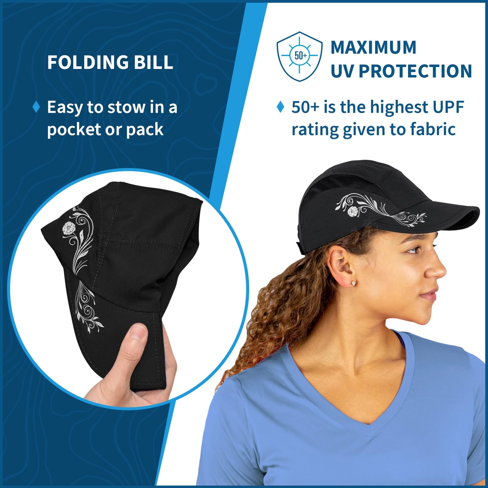 TrailHeads Folding Bill Running Hat for Women | Summer Cap with UV Protection (Black Print)