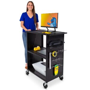 line leader stellar av cart | reimagine your teacher cart with revolutionary pegboard siding & 12 movable peg hooks for customizable storage | ul safety certified mobile workstation & computer cart