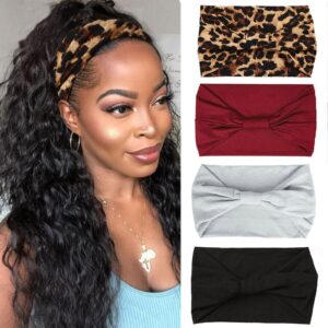 XTREND 4 Packs Wide Headband Fashion Headscarf Bohemian Style Elastic Knotted Non-slip Headband Suitable For Black Women Outdoor Yoga Sports Printed Hair Accessories