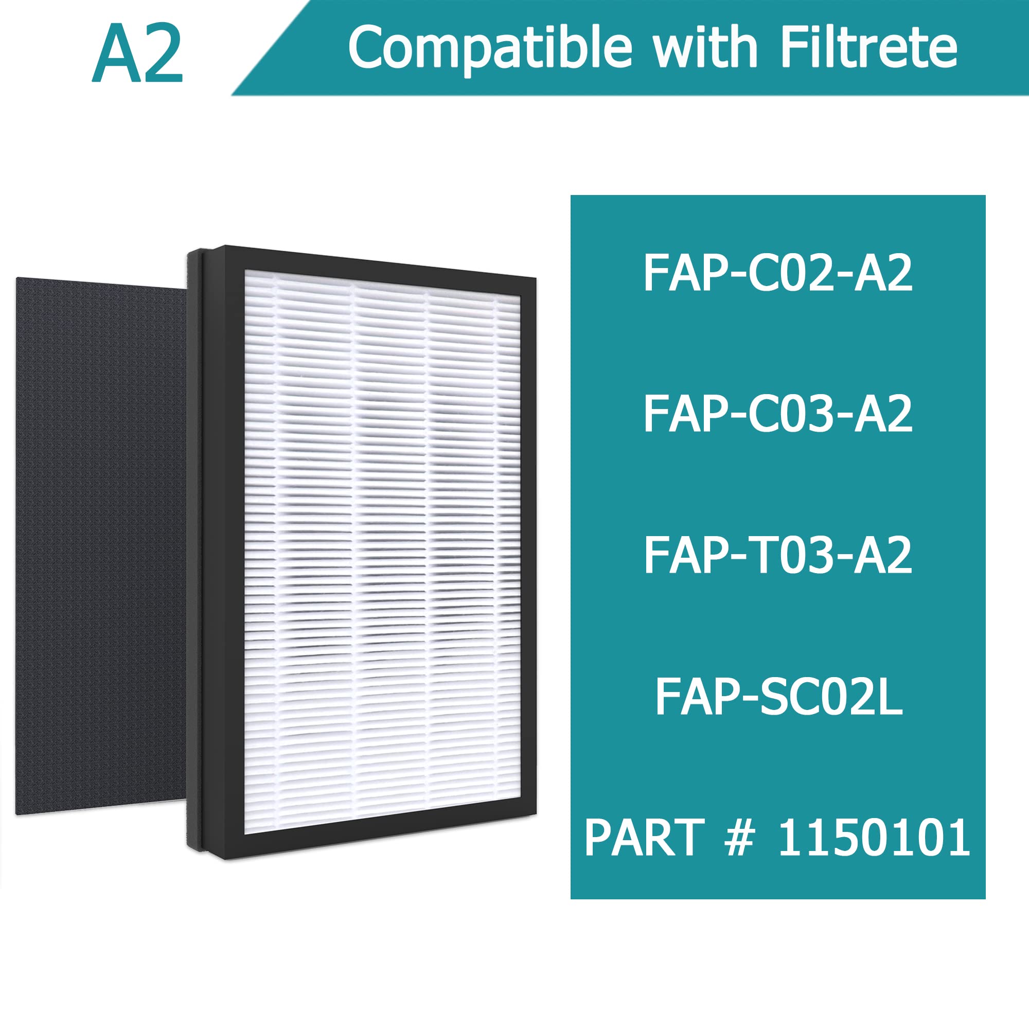 Vegebe A2 H13 True HEPA Replacement Filter, Compatible with Filtrete 3M A2 Room Air Purifier FAP-C02-A2, FAP-C03-A2, FAP-T03-A2, FAP-SC02L, Part No.1150101, Filter Size A2, 1-Pack