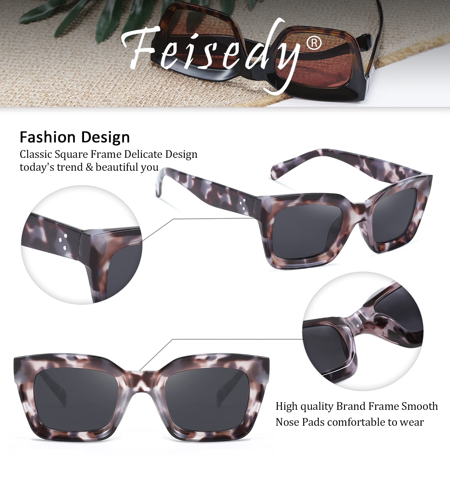 FEISEDY Classic Women Sunglasses Fashion Thick Square Frame UV400 B2471