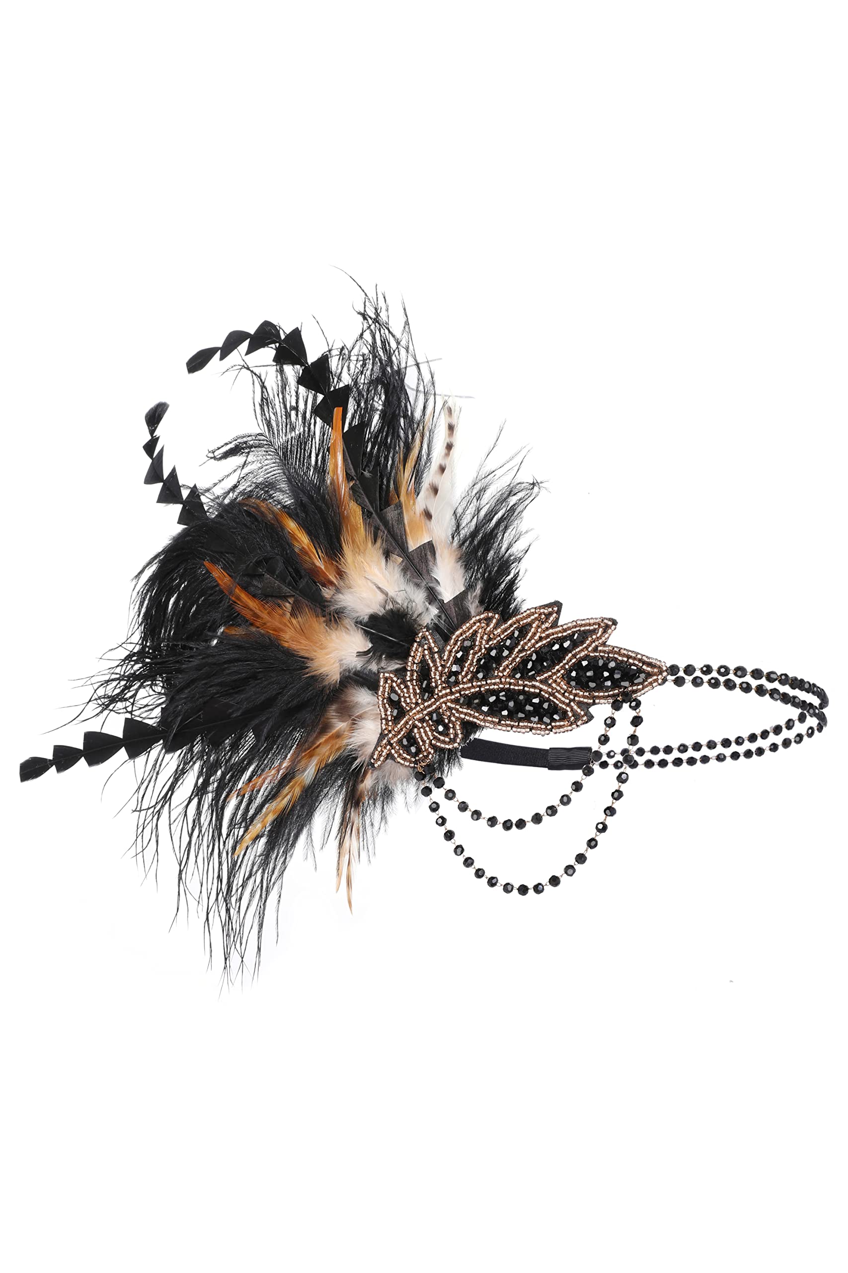 BABEYOND 1920s Headpiece Flapper Headband - Roaring 20's Sequined Showgirl Hair Band Black with Feather (Black)