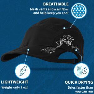 TrailHeads Folding Bill Running Hat for Women | Summer Cap with UV Protection (Black Print)