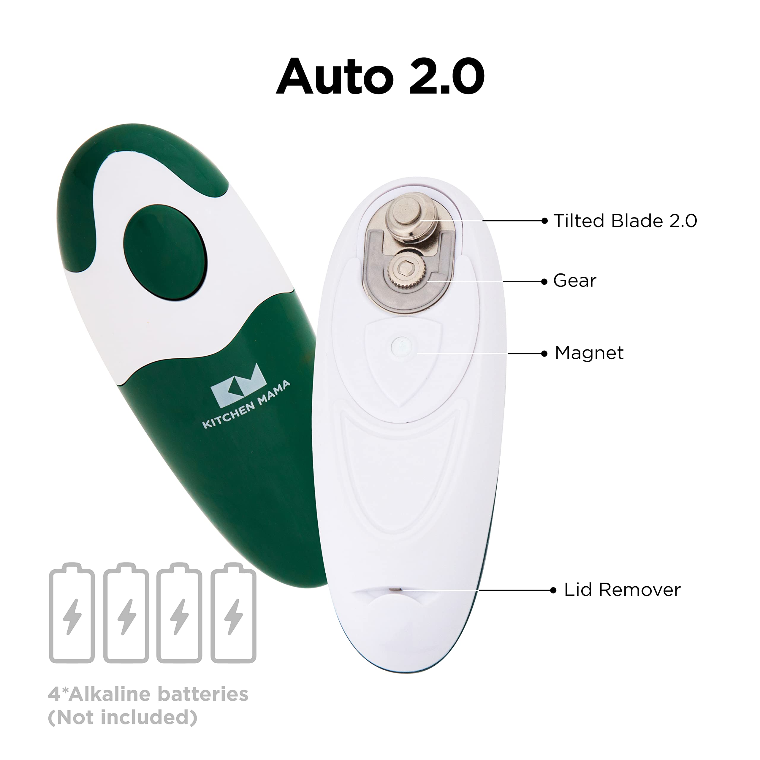 Kitchen Mama Auto 2.0 Electric Can Opener: Refined Blade Opens Almost Any Cans - Automatic, Hands Free, Smooth Edge, Food-Safe, Battery Operated, YES YOU CAN (Alpine Green)