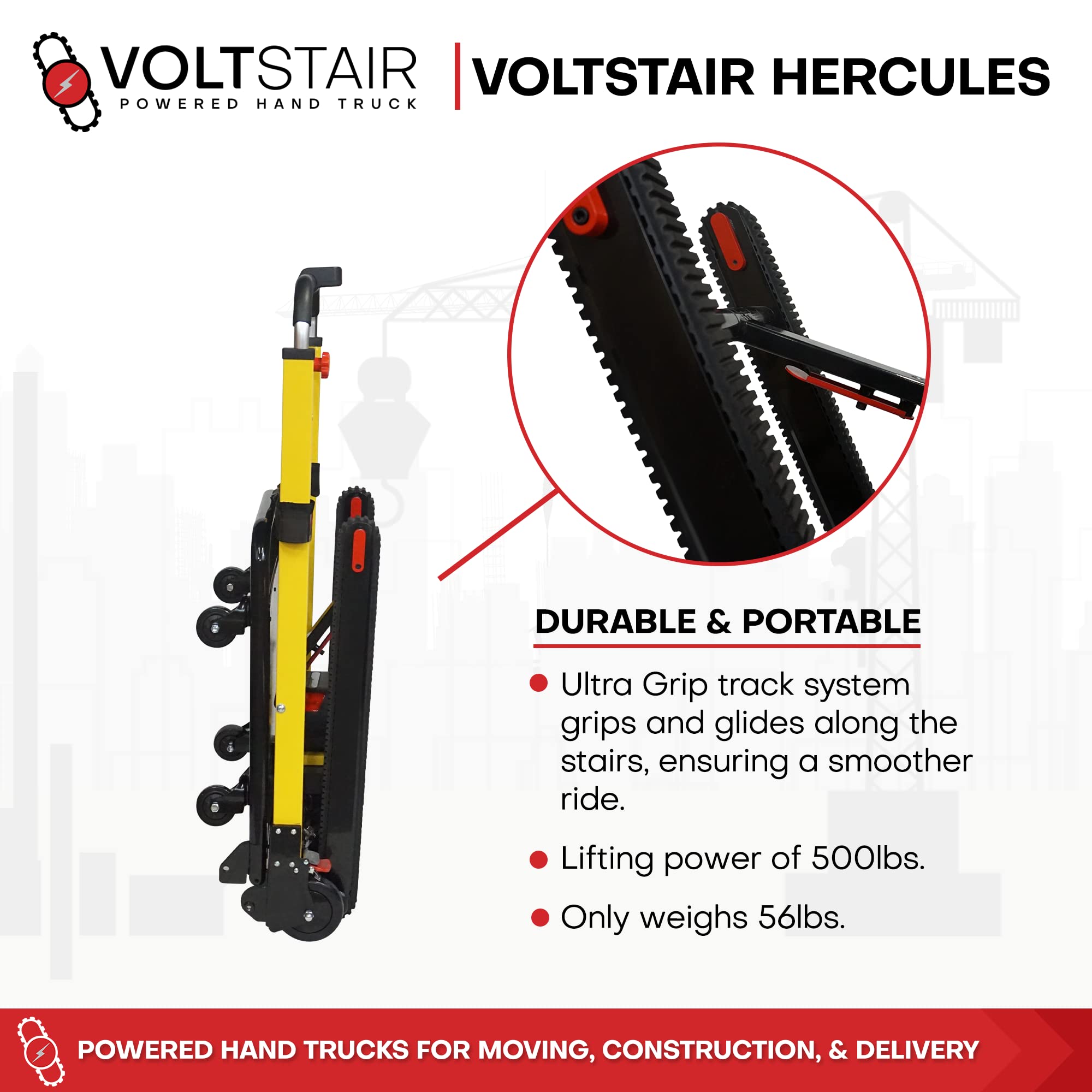 Voltstair Hercules Motorized Battery Stair Climbing Hand Truck Portable Dolly for Moving, Transporting, Lifting - Straps, Electronic Brake, Speed Control | Home, Office, Industrial Use, 500lb Lift Cap