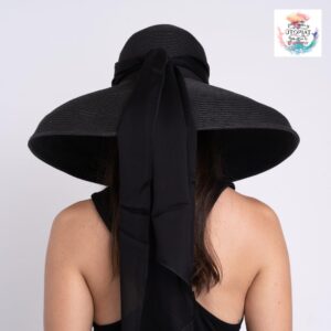 Utopiat High-End Audrey Style Oversized Adjustable Black Wool Hat with 100% Silk Black Scarf Inspired by Breakfast at Tiffanys | Premium Elegant Wide Brim Summer Hat