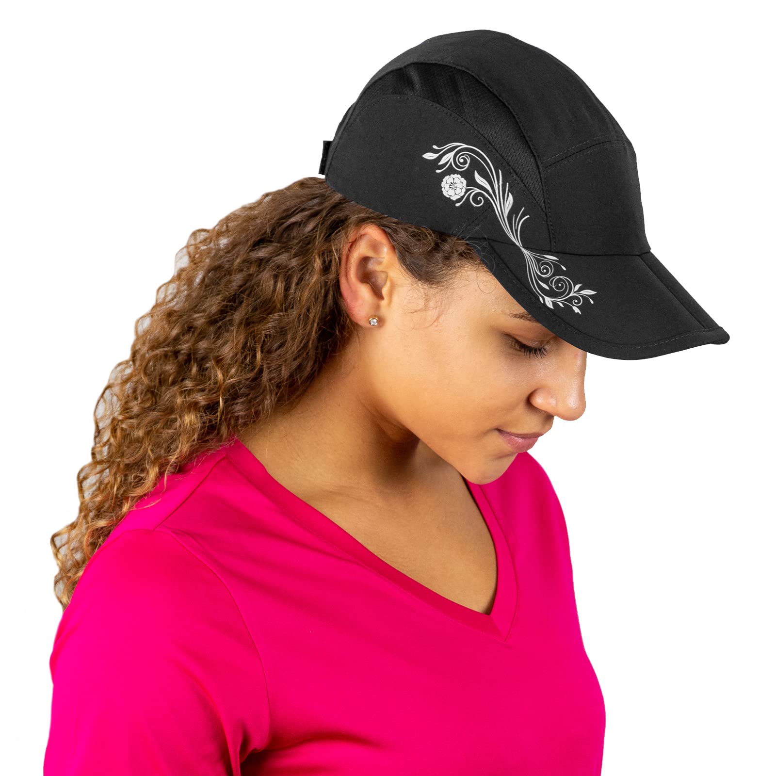 TrailHeads Folding Bill Running Hat for Women | Summer Cap with UV Protection (Black Print)