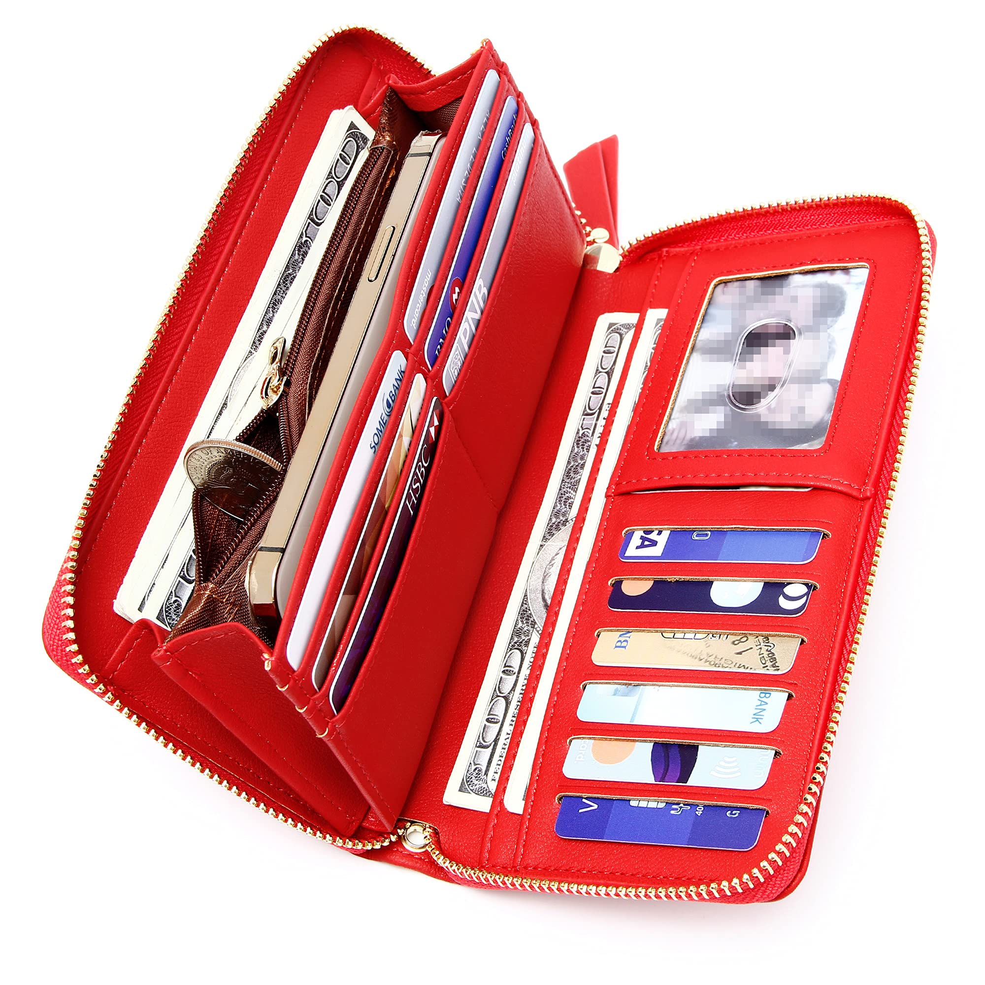 GEEAD Red Wallets for Woman, Large Capacity & Fashion Womens Wallet, Vegan Leather Credit Card Holder Clutch Wristlet Purse