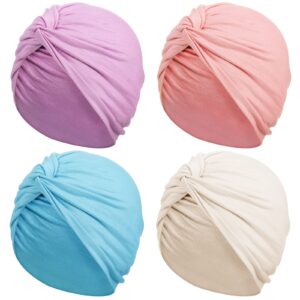 satinior 4 pieces turbans for women soft pre tied knot fashion pleated cancer turban cap chemo headwrap sleep hat, 4 colors(blue, purple, pink, white)