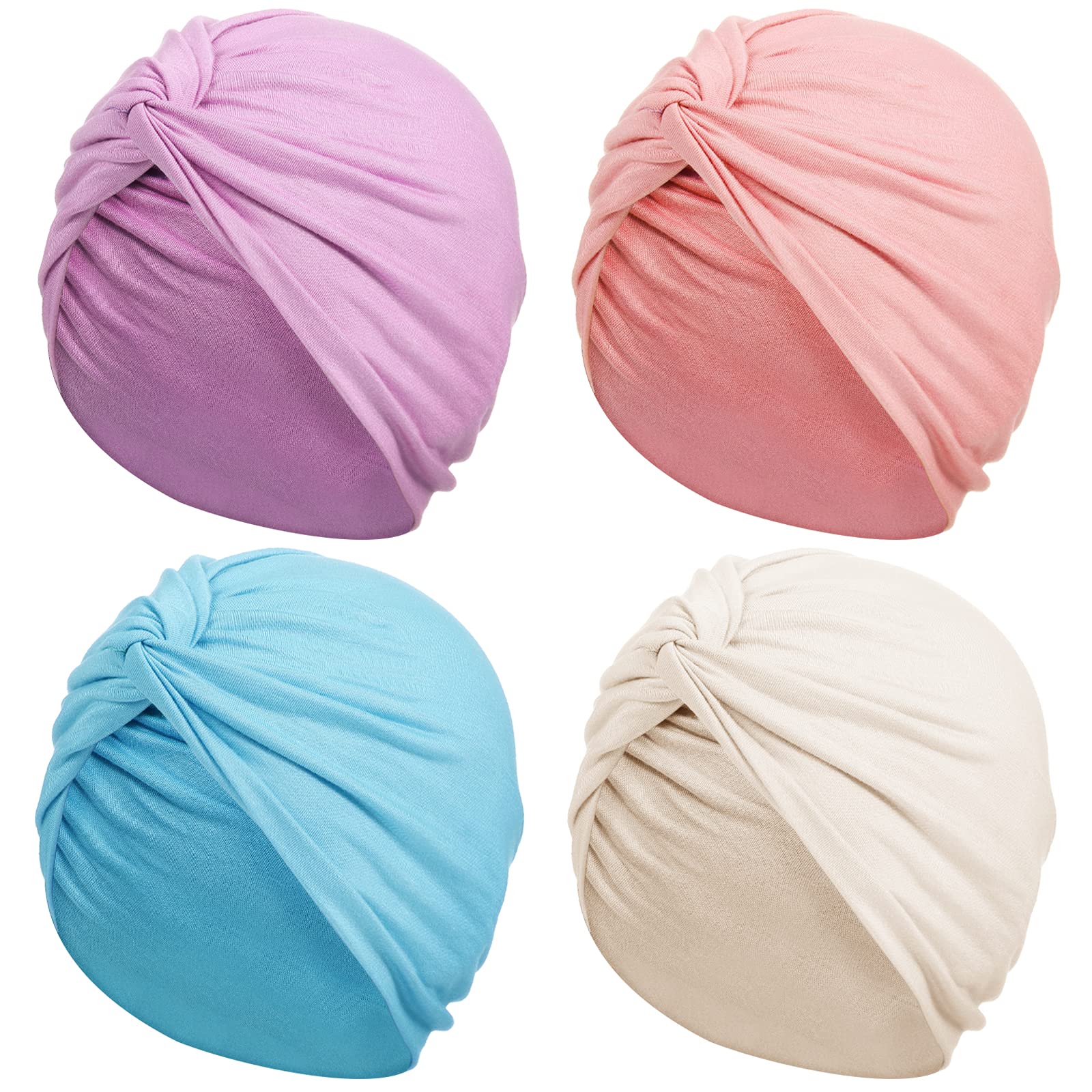 SATINIOR 4 Pieces Turbans for Women Soft Pre Tied Knot Fashion Pleated Cancer Turban Cap Chemo Headwrap Sleep Hat, 4 Colors(Blue, Purple, Pink, White)