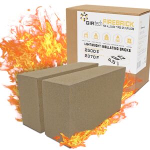 GIRtech Fire Bricks FireBrick High Temperature Insulated Firebricks - 2500F Pack of 2 - Size 9" x 4.5" x 2.5" - Fireclay, Chamotte Firebricks for Ovens, Forges, Kilns, Fireplaces, Wood Stoves