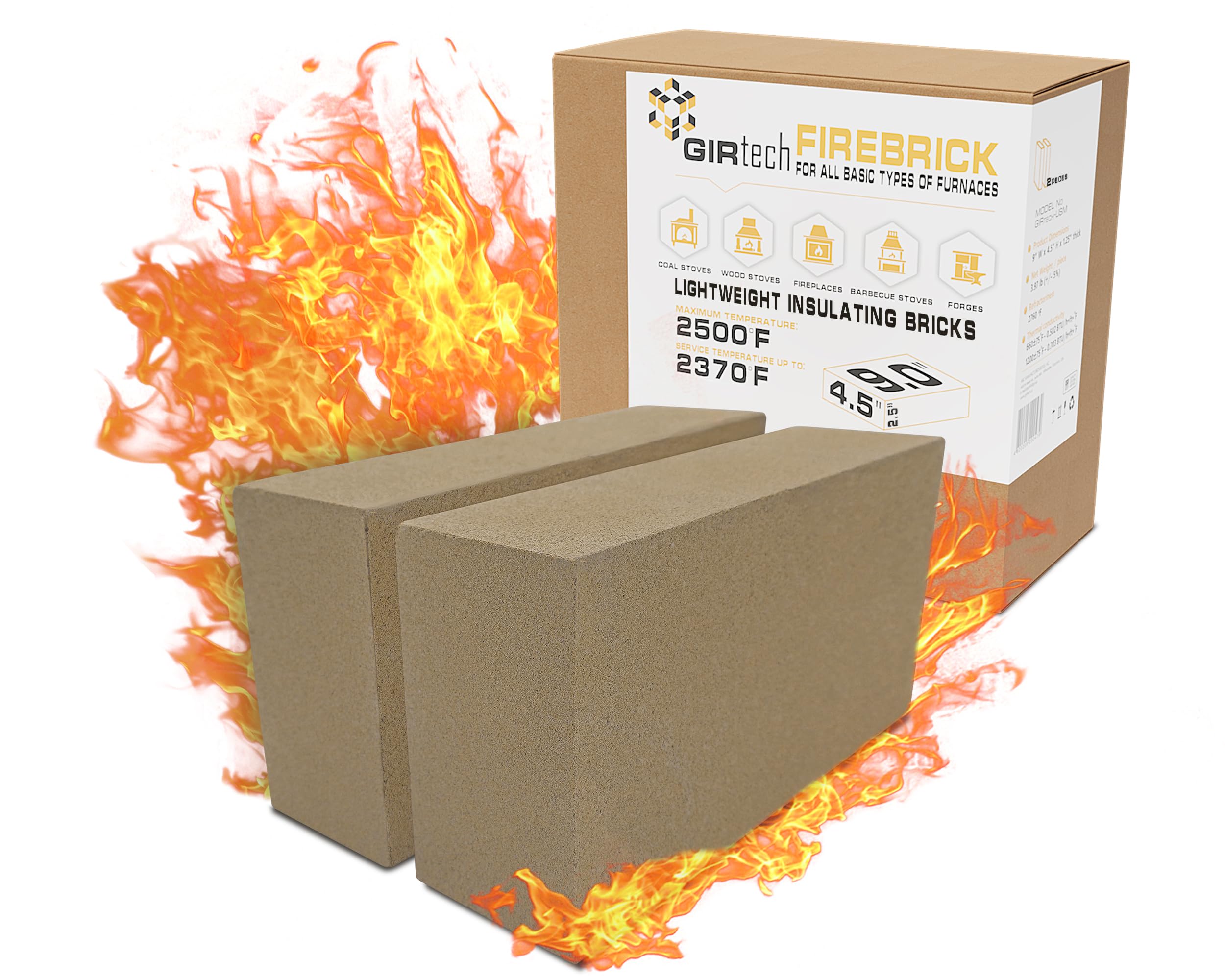 GIRtech Fire Bricks FireBrick High Temperature Insulated Firebricks - 2500F Pack of 2 - Size 9" x 4.5" x 2.5" - Fireclay, Chamotte Firebricks for Ovens, Forges, Kilns, Fireplaces, Wood Stoves