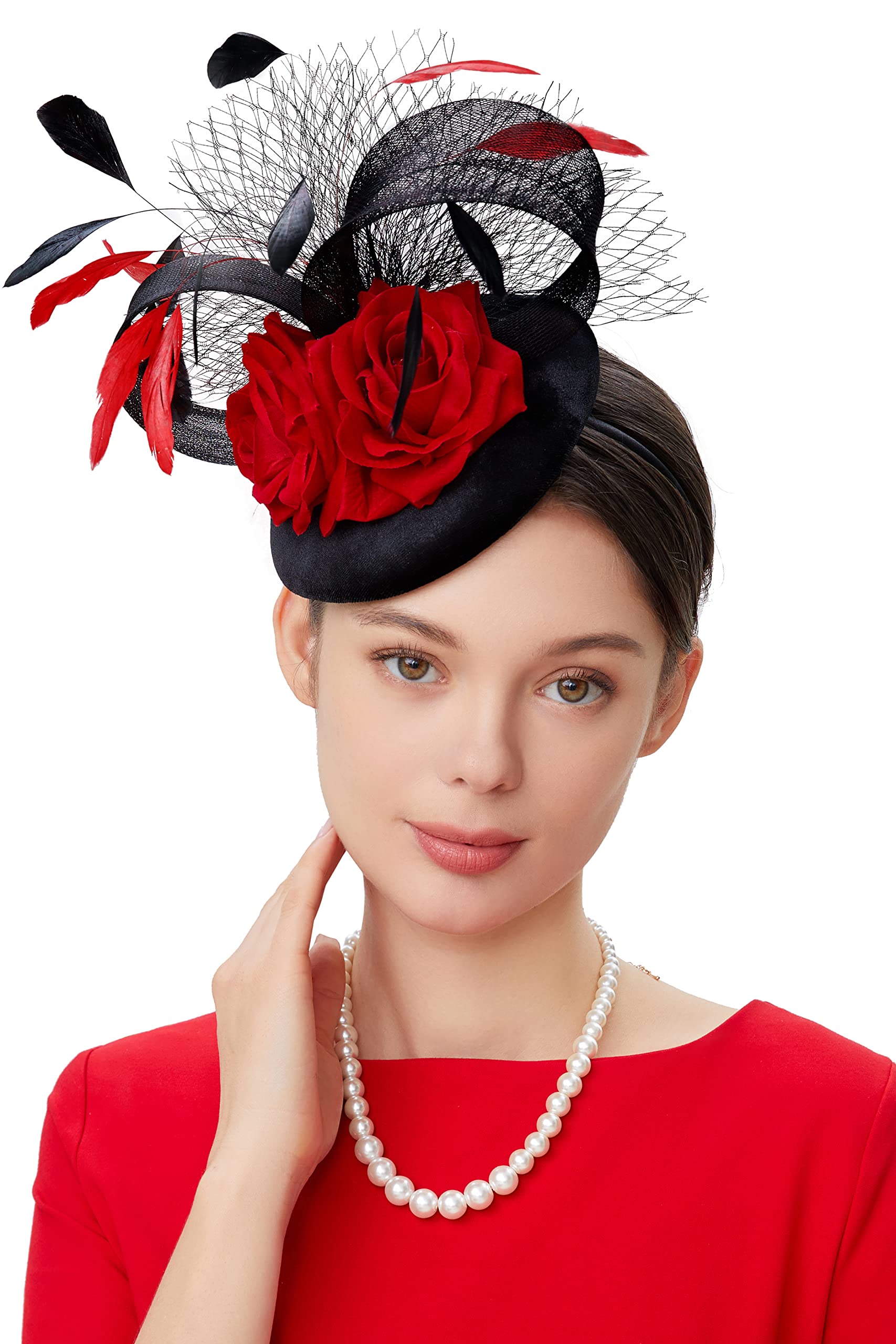 BABEYOND Fascinator Hat Feather Fascinators Hair Clip Tea Party Pillbox Derby Hat Bridal Wedding Veil Black Red