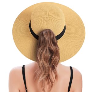 Summer Hats for Women Beach Ponytail Sun Hat Foldable Uv Protection Sun Hat with Ponytail Hole Wide Brim Straw Hat Women,Beige Ponytail Sun Hats for Women