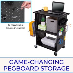 Line Leader Stellar AV Cart | Reimagine Your Teacher Cart with Revolutionary Pegboard Siding & 12 Movable Peg Hooks for Customizable Storage | UL Safety Certified Mobile Workstation & Computer Cart