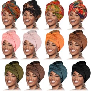 Geyoga 12 Pieces Head Wraps for Women Turbans African Headwraps for Black Women Soft Long Headband Scarf Hijab (Classic Colors)