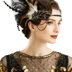 BABEYOND 1920s Headpiece Flapper Headband - Roaring 20's Sequined Showgirl Hair Band Black with Feather (Black)