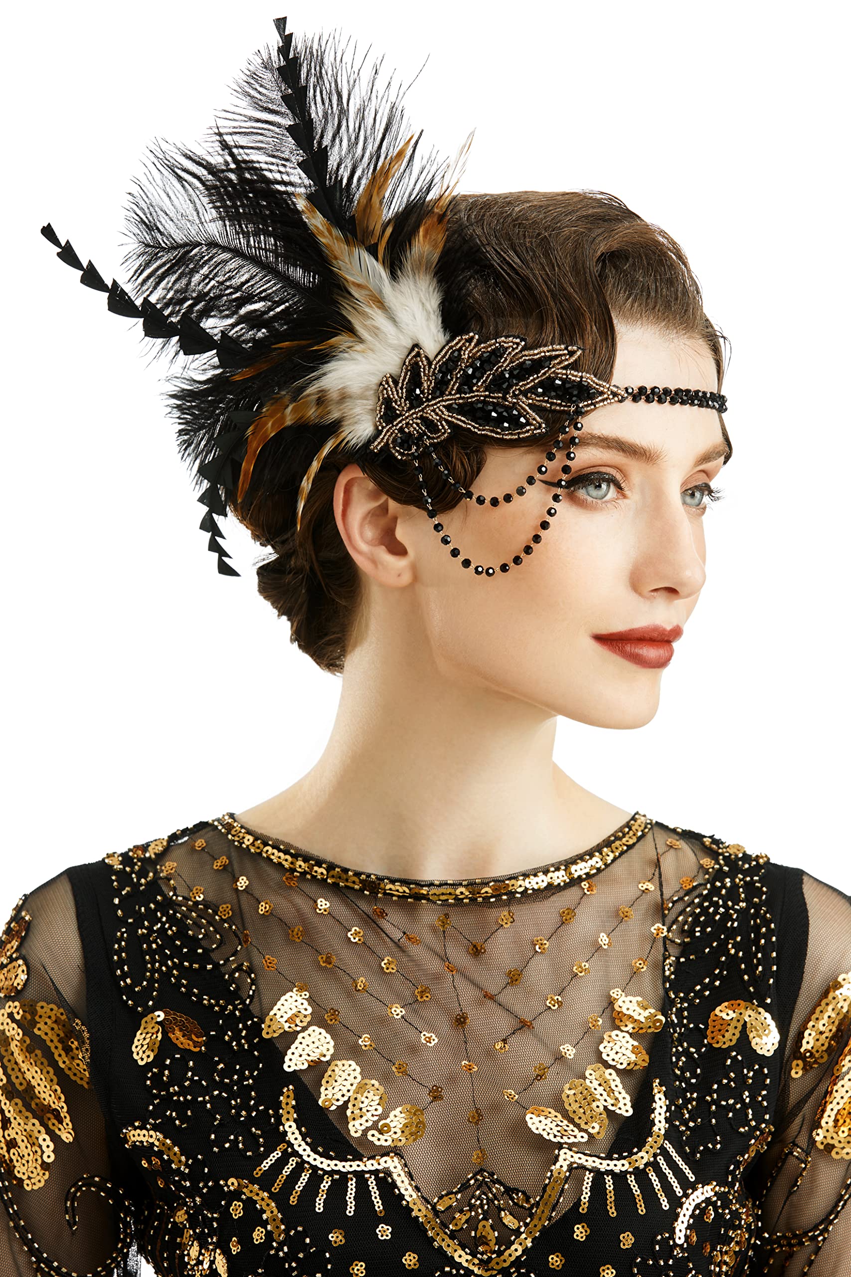 BABEYOND 1920s Headpiece Flapper Headband - Roaring 20's Sequined Showgirl Hair Band Black with Feather (Black)