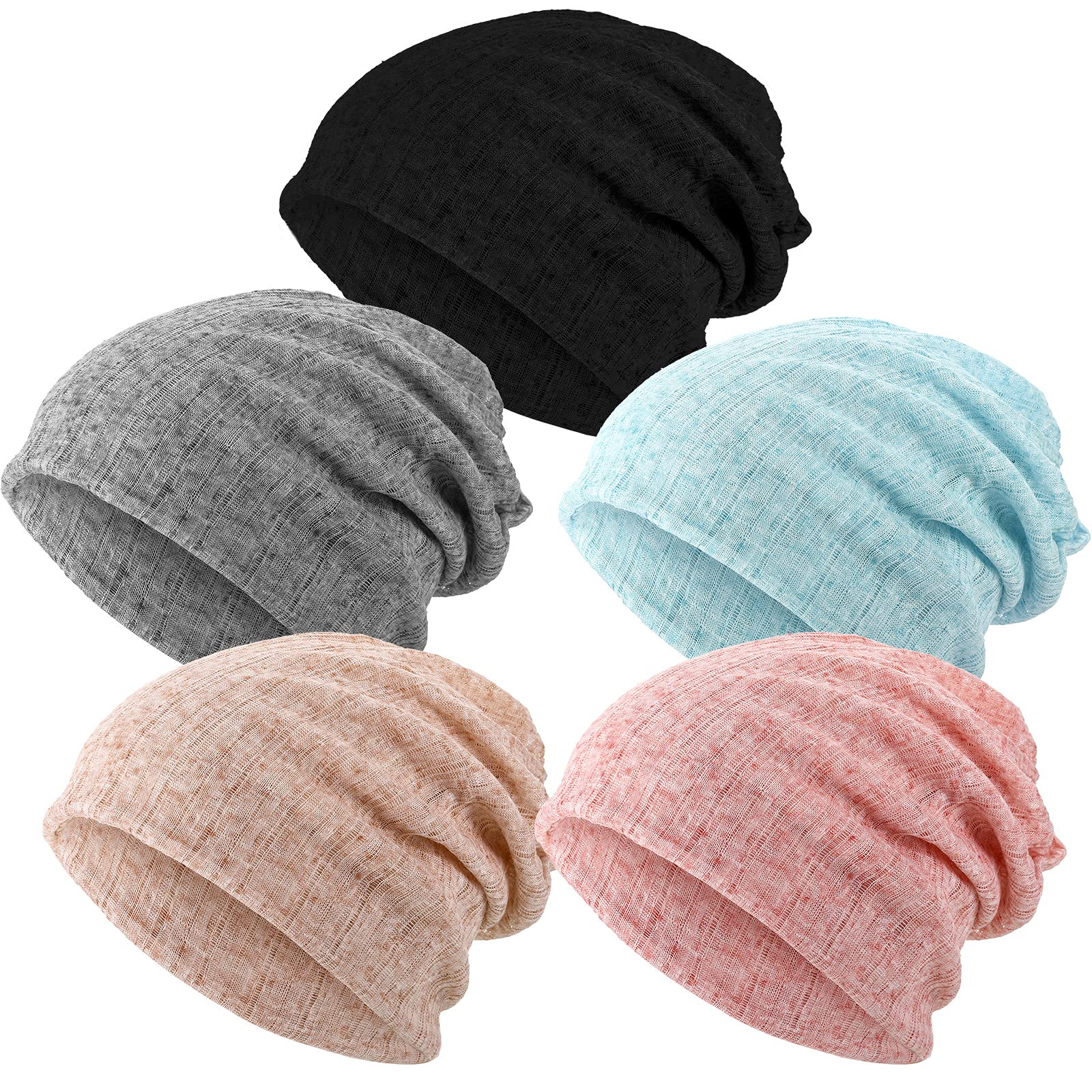 5 Pieces Women's Slouchy Beanie Hat Stretch Turban Hats Cancer Headwear Caps Baggy Skull Sleep Scarf (Pure Color Style) Multicoloured