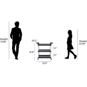 3-Tier Commercial Utility Cart with Wheels, Heavy Duty Rolling Plastic Service Cart, 390 lbs Capacity for Foodservice, Restaurant, Cleaning, Workplace (33.8'' x 16.5'' x 35.8'')