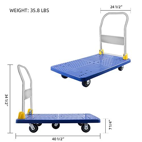 YSSOA Platform Truck with 1320lb Weight Capacity and 360 Degree Swivel Wheels, Foldable Push Hand Cart for Loading and Storage, Blue