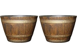 classic home and garden whiskey plastic resin flower pot barrel planter, 15", oak brown (2 pack)