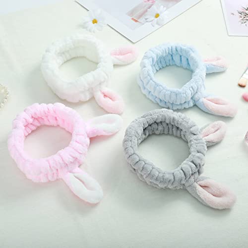 Ygreato 4 Pack Elastic Makeup Headbands for Women, Girls' Soft Flannel Bunny Ears Headbands Head Wraps, SPA Headband for Washing Face