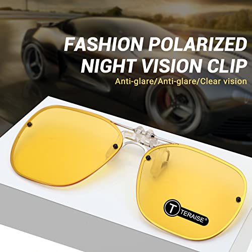 TERAISE Clip-on Night Vision Glasses Flip up to Wear Over Prescription Glasses women and men HD Polarized Anti Glare，night driving glasses Suitable for Outdoor/Driving UV400(Yellow)