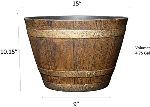 Classic Home and Garden Whiskey Plastic Resin Flower Pot Barrel Planter, 15", Oak Brown (2 Pack)