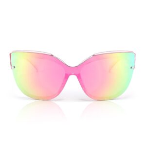 FEISEDY Cat Eye Sunglasses Polarized for Women Men，Rimless Mirrored Sunglasses, Oversized, Trendy Retro Sun Glasses B2796 Transparent Pink/Pink Mirror