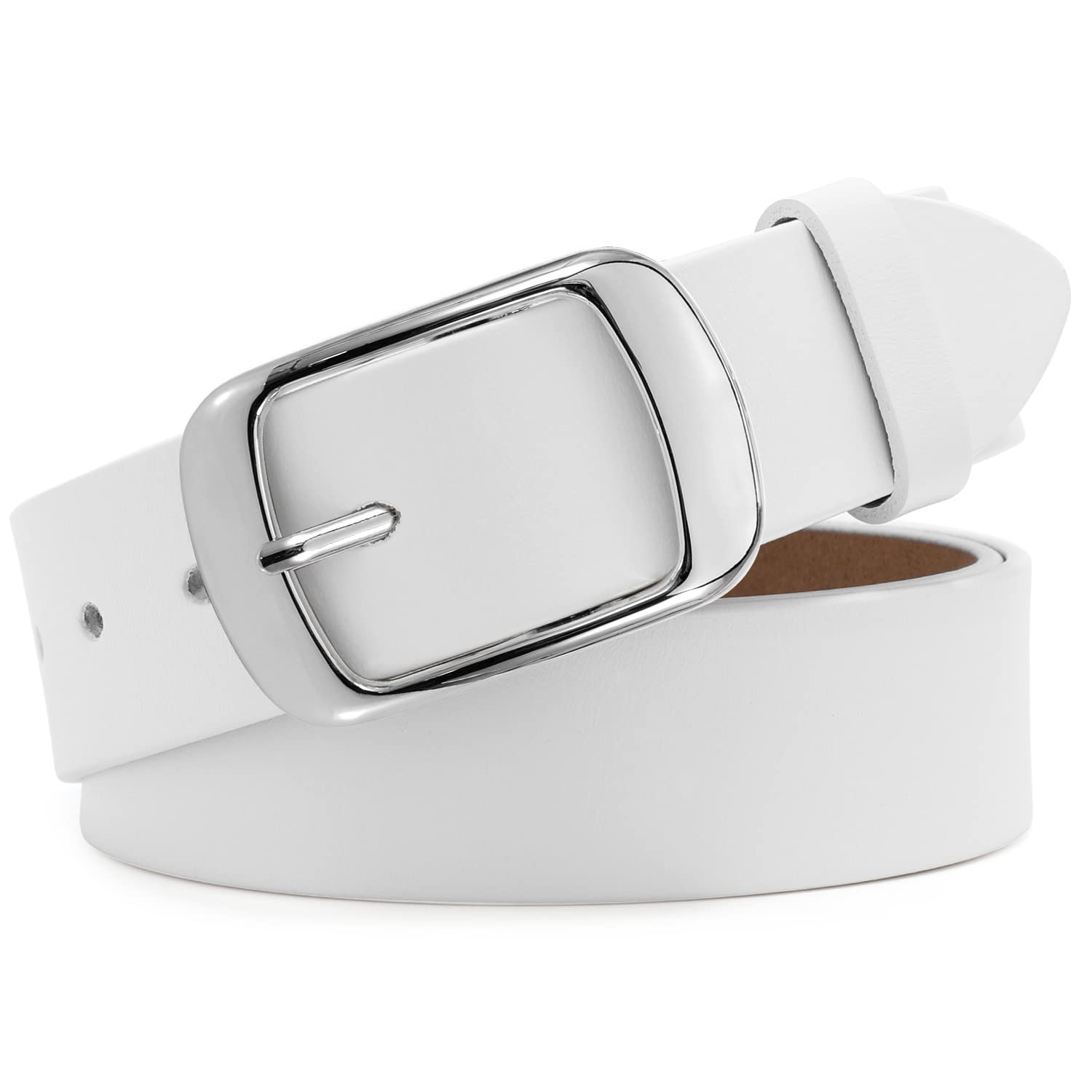 WHIPPY Women Leather Belts for Jeans Pants Fashion Dress Belt for Women with Solid Pin Buckle, White, M