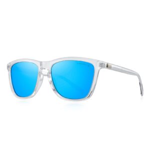 MERRY'S Unisex Polarized Sunglasses for Women Men Classic Retro Designer Style Aluminum Legs (Transparent Frame/Blue Mirror Lens/Silver Temples, 54)