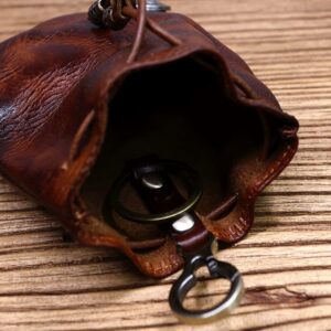 Wugebud 1 Pcs Leather Mini Medieval Pouch Keychain, Coin Organizer, Change Holder, Leather Drawstring Pouch for Men & Women