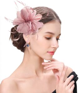 ellydoor fascinator hats for women feather flower hair clip brooch wedding tea party hat kentucky derby headwear nude pink one size